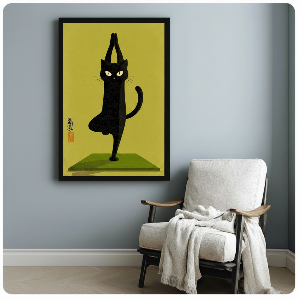 Black framed art print of a zen black cat in yoga tree pose with Asian calligraphy seal, mounted on a light grey wall above a white linen armchair