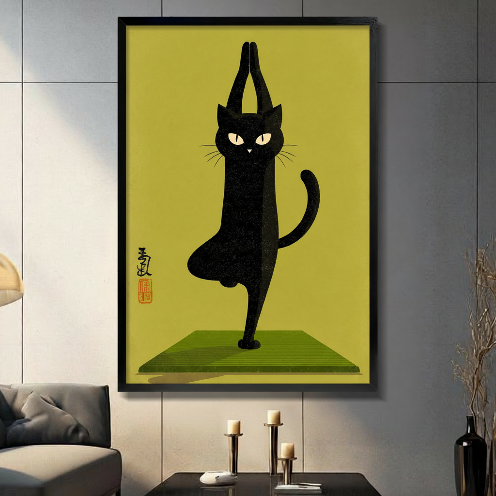 Framed canvas wall art of a black cat doing yoga tree pose on a green mat, olive yellow background, displayed in a modern living room