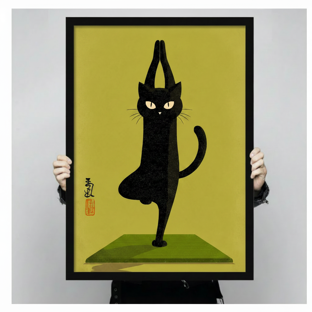 Close-up of a black framed art print showing a minimalist black cat in yoga tree pose on an olive yellow background with Chinese calligraphy, held by two hands