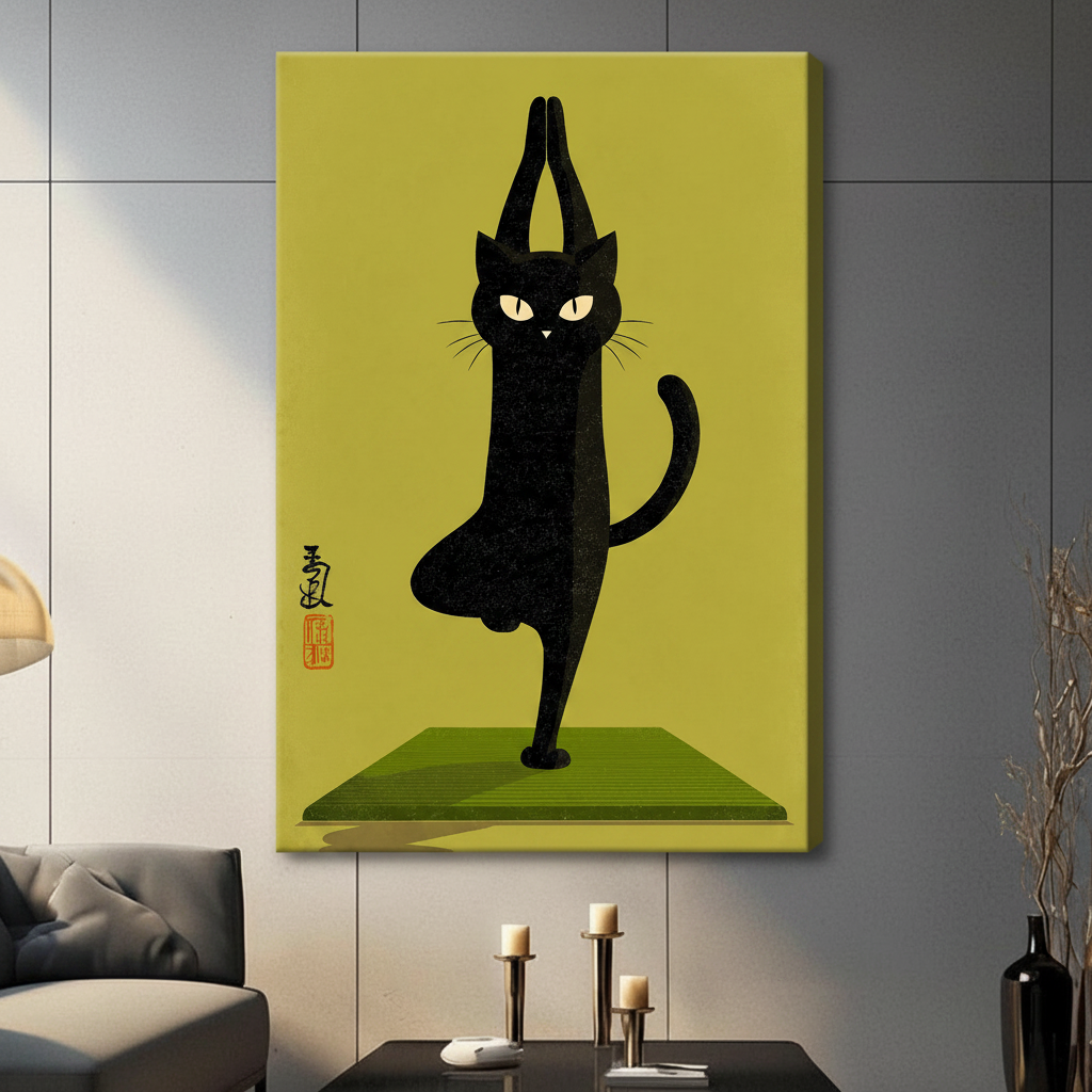 Gallery wrap canvas print featuring a stylized black cat balancing in yoga tree pose on a green yoga mat, olive background, hung in a contemporary living room