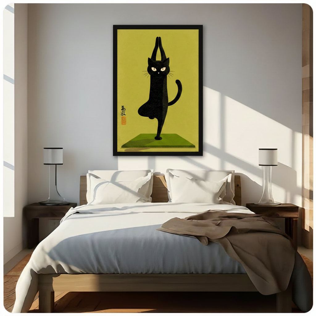 Large framed canvas of a black cat performing yoga tree pose on a green mat, olive yellow background with Asian ink seal, displayed above a bed as bedroom wall decor