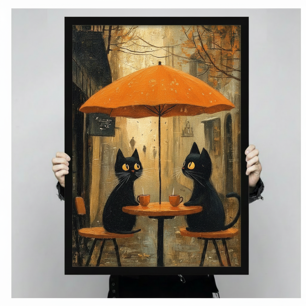 Hand-held framed print of two golden-eyed black cats at an autumn street café, orange umbrella and warm amber leaf-scattered alley background