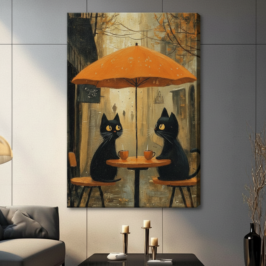 Whimsical black cats sharing coffee beneath an orange café umbrella surrounded by falling autumn leaves, canvas wrap wall art in contemporary living room