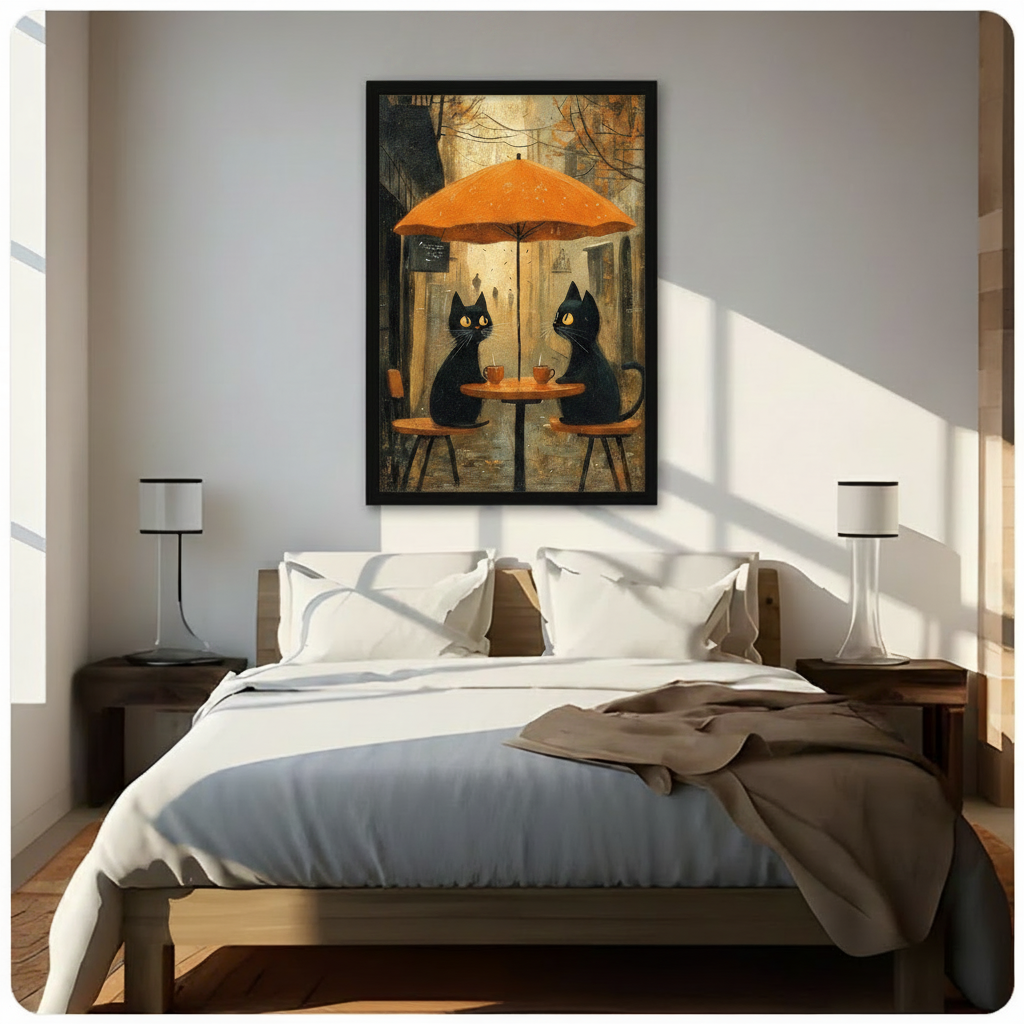Black cats autumn café wall art with orange umbrella and falling leaves, black framed print above bed in bright minimalist bedroom with warm neutral tones