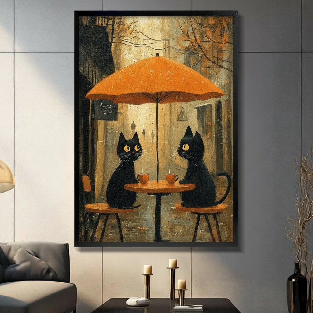 Two black cats enjoying coffee under an orange umbrella at an autumn street café, warm golden foliage backdrop, black framed print in modern living room with dark sofa
