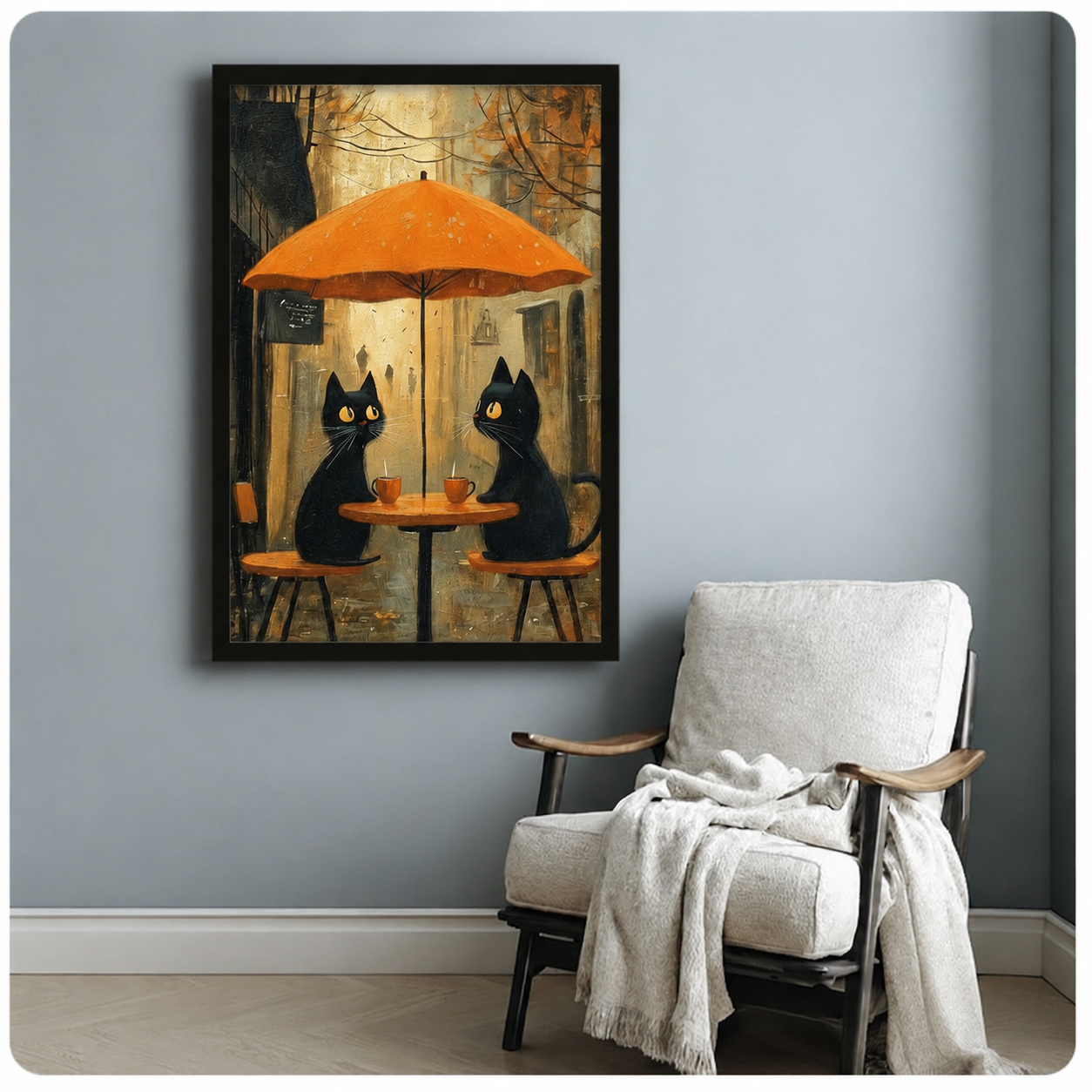 Black cats coffee date in an autumn alley café scene with golden falling leaves and orange umbrella, framed wall print in cozy reading nook