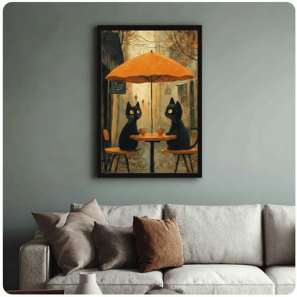 Charming black cat duo at a cozy fall street café under a bold orange umbrella, warm amber tones, framed art print above beige fabric sofa