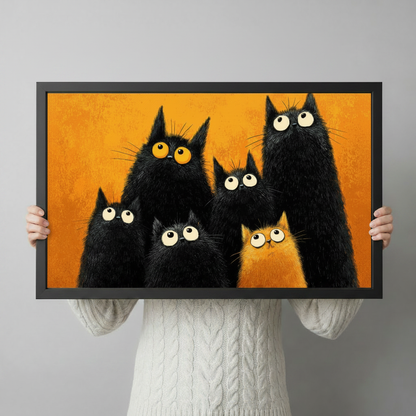 Six whimsical cats with huge round eyes five black and one orange on a bold amber orange background funny cat family framed print held against a light gray background