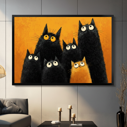 Six fluffy black cats with big expressive eyes and one orange cat on a bold orange background funny cat family wall art framed print in a living room with gray sofa candle holders and black vase