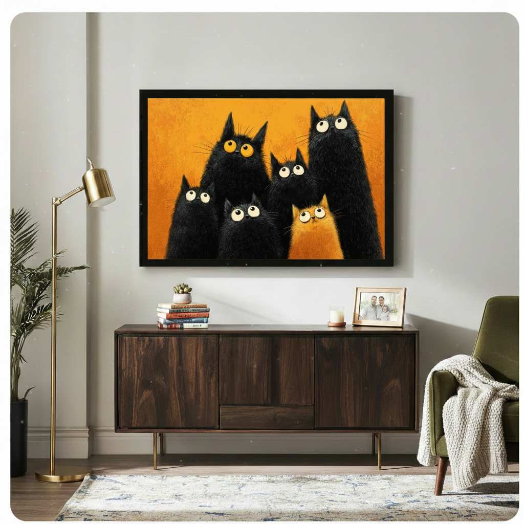 Six big-eyed cats five black and one orange huddled together on a vivid orange background bold funny cat wall art framed print above a dark wood sideboard with gold floor lamp green armchair and potted plants