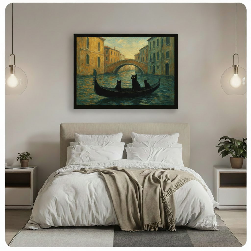 Framed impressionist oil painting of three black cats on a Venice gondola displayed above bed in serene minimalist bedroom with pendant lights
