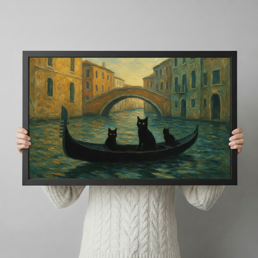 Hand-held size reference of framed black cats Venice gondola oil painting print with golden canal architecture in background