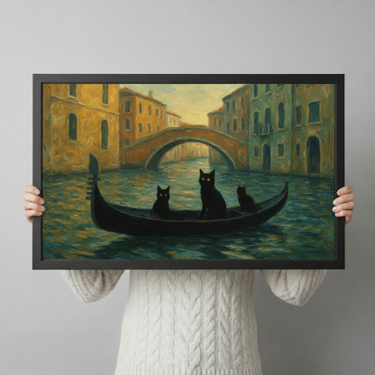 Hand-held size reference of framed black cats Venice gondola oil painting print with golden canal architecture in background