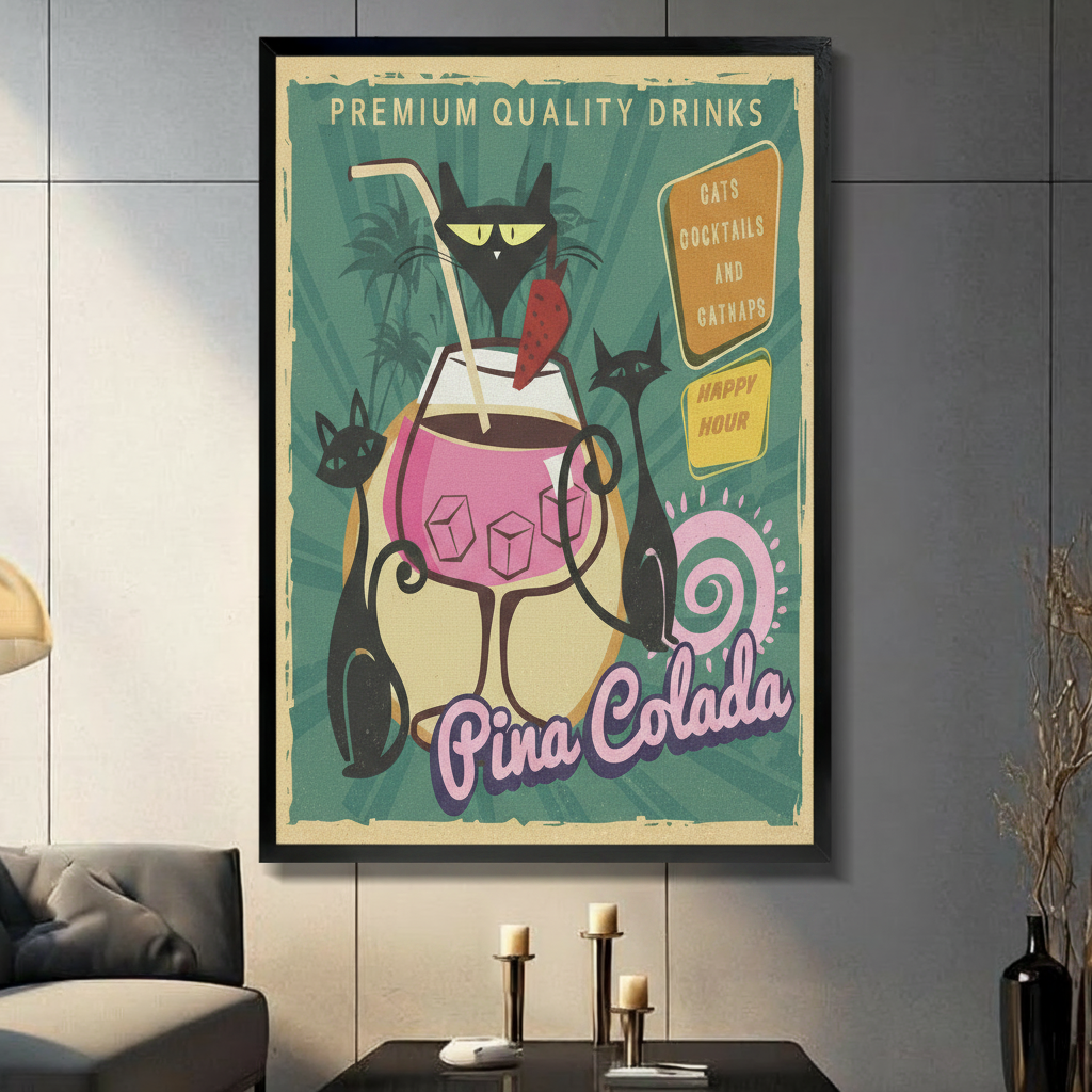 Retro vintage framed wall art print featuring three black cats around a Pina Colada cocktail with the text Cats Cocktails and Catnaps Happy Hour, displayed in a modern living room