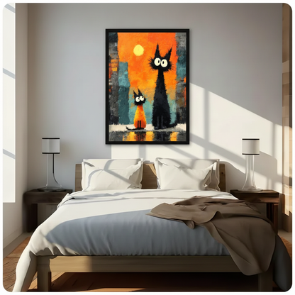 Framed black cats sunset canvas wall art above dark wood bed in modern bedroom with dramatic diagonal sunlight