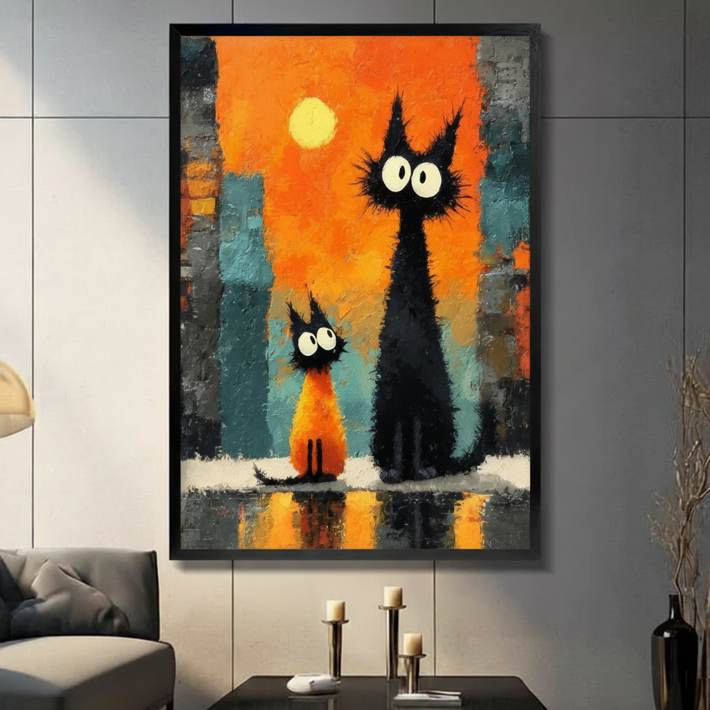 Black cats sunset city expressionist canvas wall art in black frame on dark gray paneled wall above console table