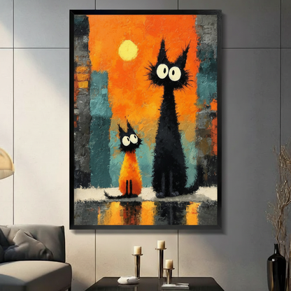 Black cats sunset city expressionist canvas wall art in black frame on dark gray paneled wall above console table