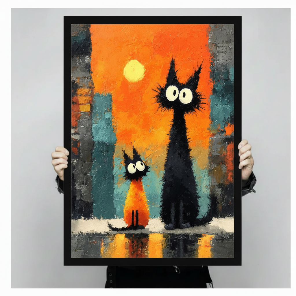 Black cats orange sunset expressionist canvas print in black frame held up showing full vertical artwork