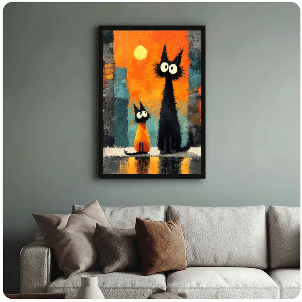 Expressionist black cats sunset canvas print in black frame on teal wall above gray sofa living room