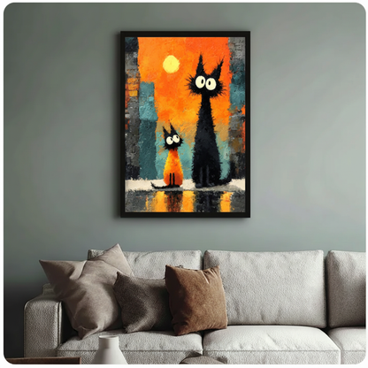 Expressionist black cats sunset canvas print in black frame on teal wall above gray sofa living room