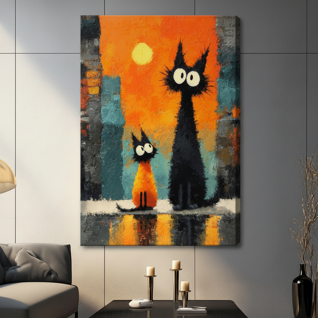 Whimsical black cats orange sunset oil painting gallery-wrapped stretched canvas on dark gray paneled wall