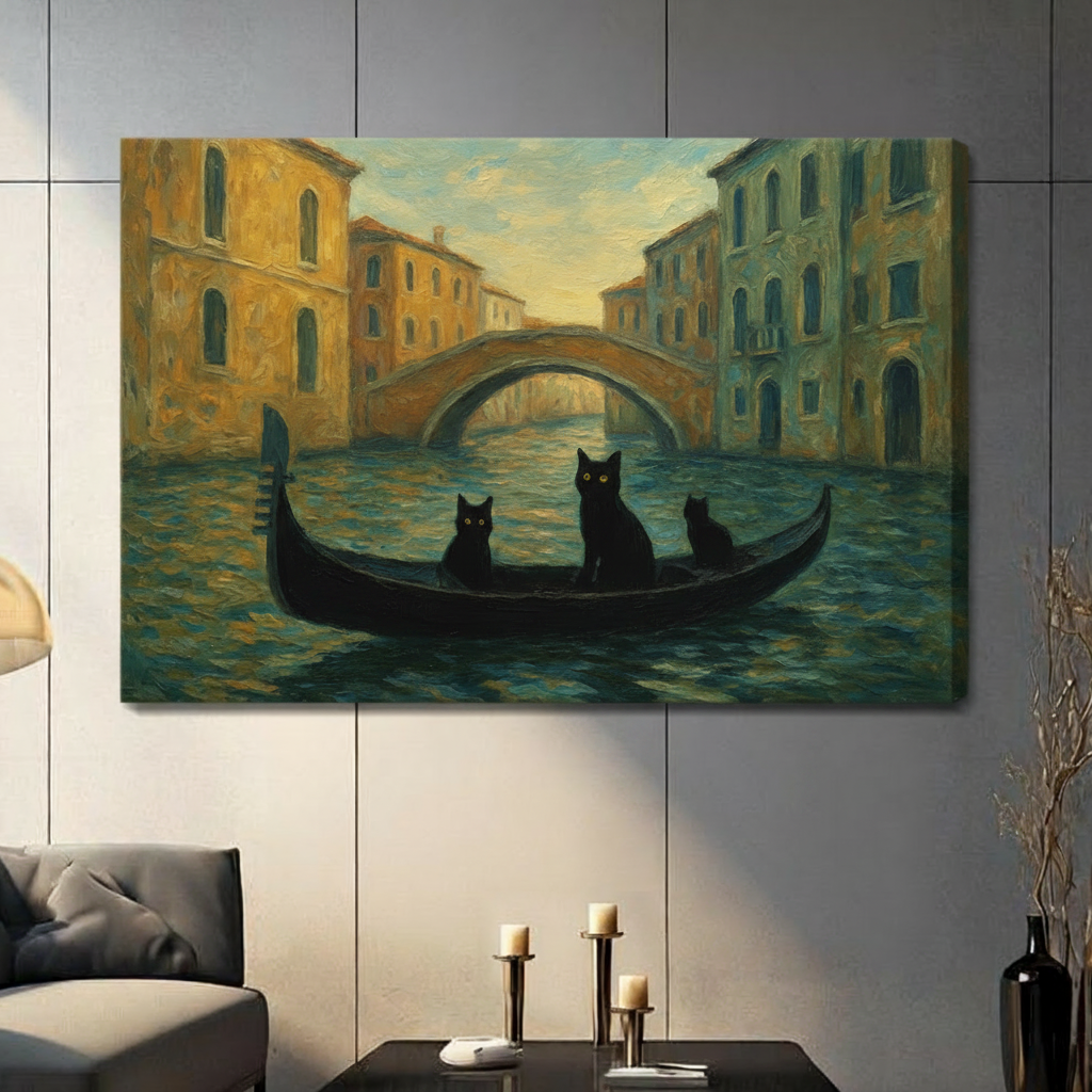 Canvas wrap print featuring three black cats on a gondola along a Venice canal with stone bridge, styled in contemporary living room