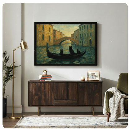 Large framed black cats Venice canal gondola canvas art above walnut sideboard in mid-century modern living room with brass floor lamp