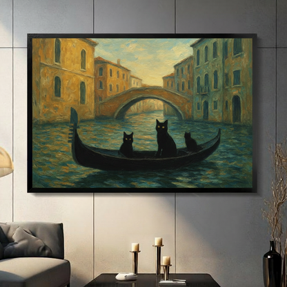 Framed canvas wall art of three black cats riding a Venice gondola in impressionist oil painting style, displayed in dark luxury interior