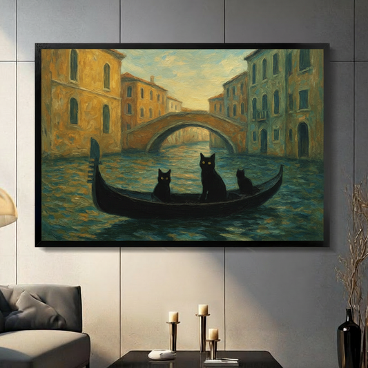 Framed canvas wall art of three black cats riding a Venice gondola in impressionist oil painting style, displayed in dark luxury interior