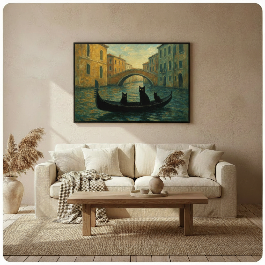 Black cats gondola Venice wall art hung above linen sofa in bright boho neutral living room with pampas grass and warm natural light