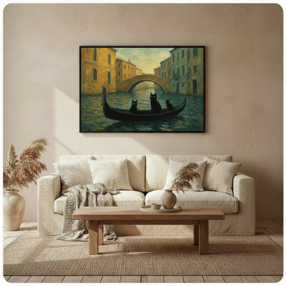 Black cats gondola Venice wall art hung above linen sofa in bright boho neutral living room with pampas grass and warm natural light