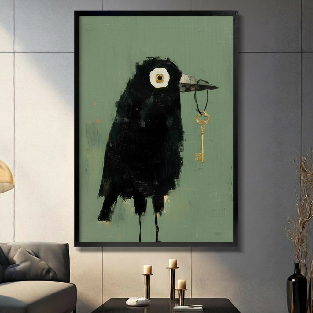 Moody oil painting of black crow holding gold antique key on sage green background in black frame displayed in modern living room