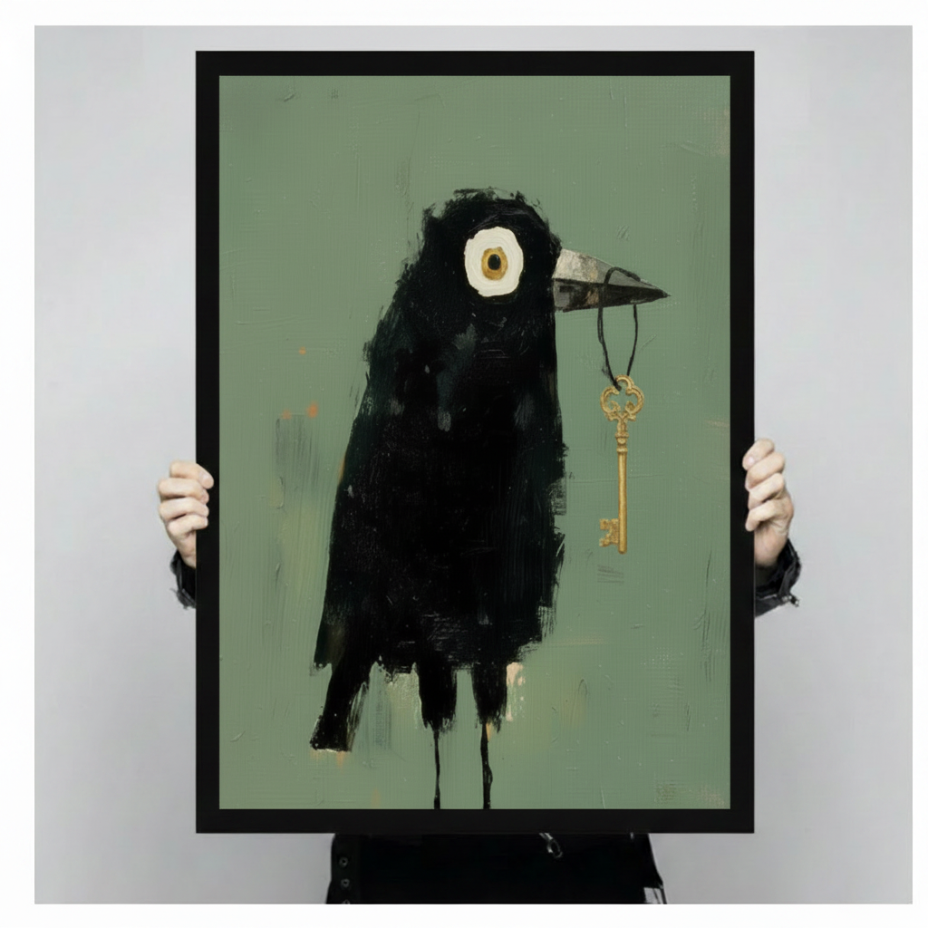 Hand-held black framed art print of dark crow with gold key hanging on string close-up product size display