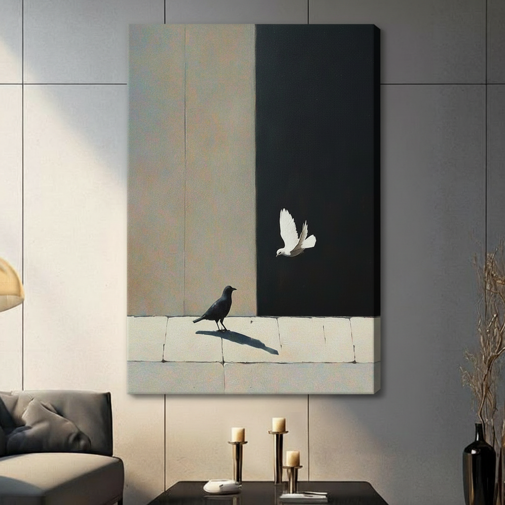  Gallery wrapped canvas art featuring black crow on stone ledge and soaring white dove against contrasting beige and dark background, hung on dark wall