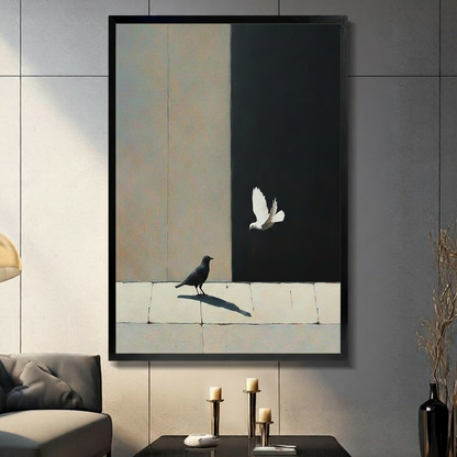 Black framed canvas print of black crow standing and white dove in flight against beige and black split background, displayed on dark wall above console table