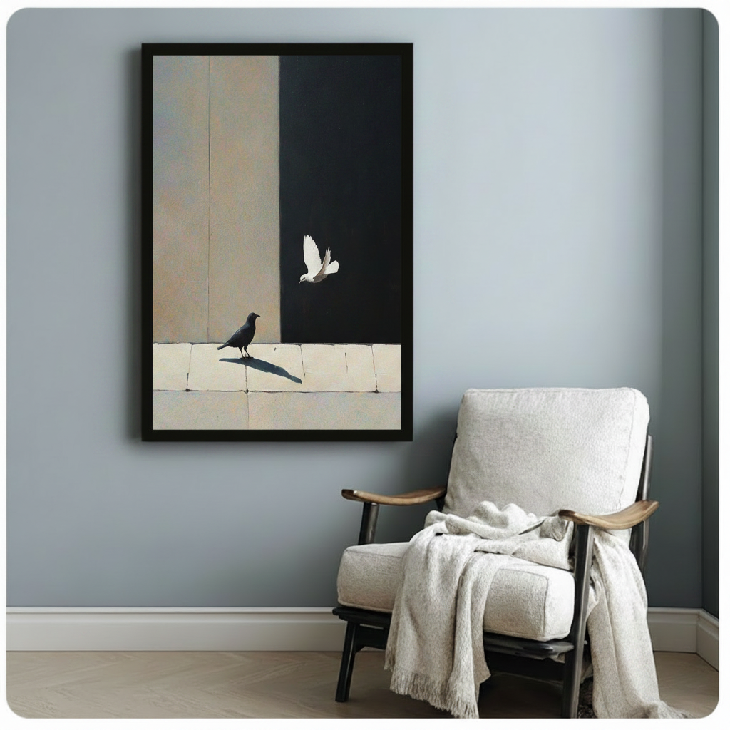 Black framed minimalist bird art print showing crow on stone ledge beside ascending white dove, styled beside white linen armchair in blue-grey room