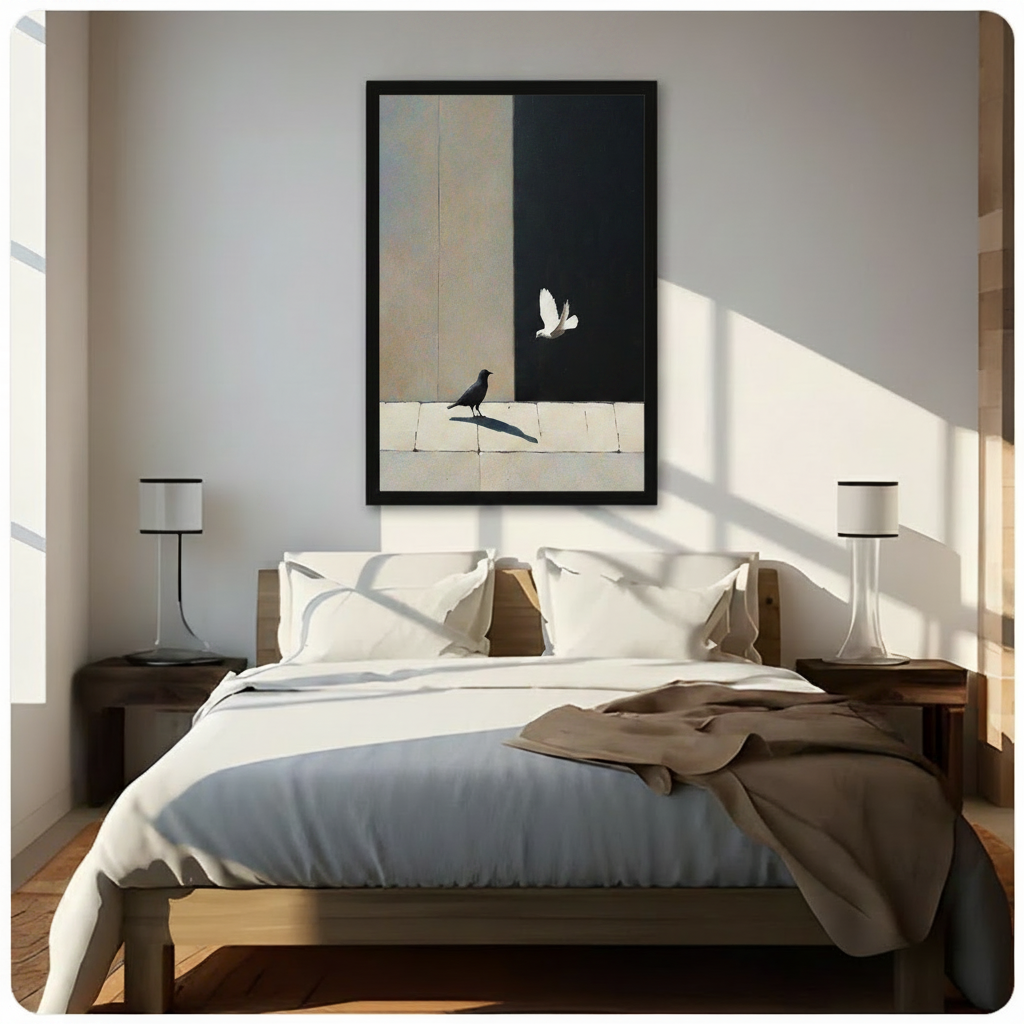 Large framed minimalist bird wall art above bed, depicting black crow and white dove against beige and black background in sunlit neutral bedroom