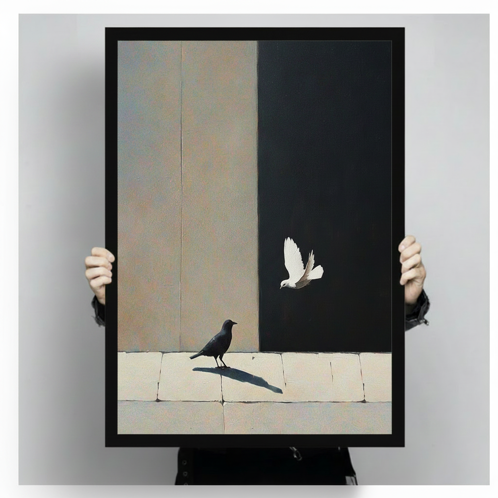 Hand-held black framed poster print of black crow and white dove in flight on minimalist beige and black split canvas with stone ledge