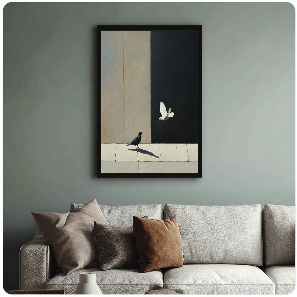  Framed minimalist wall art print of black crow and flying white dove on split beige and black background, displayed above sofa in sage green living room