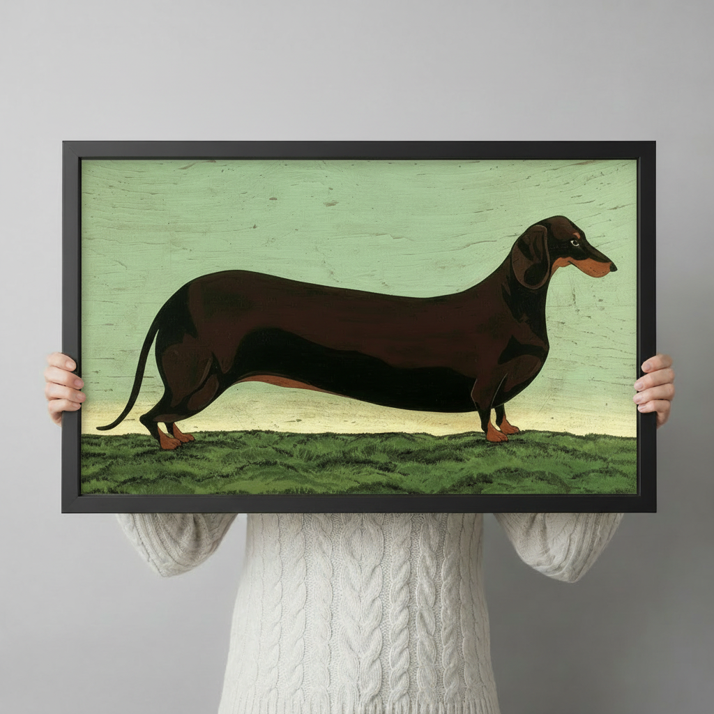 Person in white cable-knit sweater holding black-framed dachshund folk art print on sage green background — size reference for wiener dog wall art