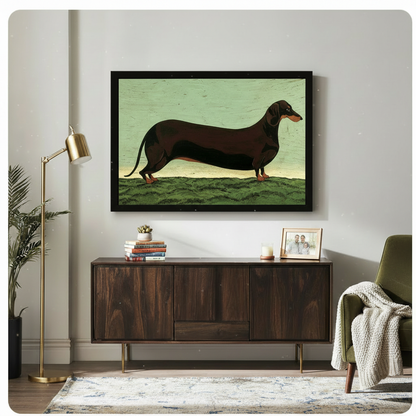 Large black-framed dachshund folk art print displayed above dark walnut sideboard in modern living room with gold floor lamp and green velvet chair — statement dog lover wall art