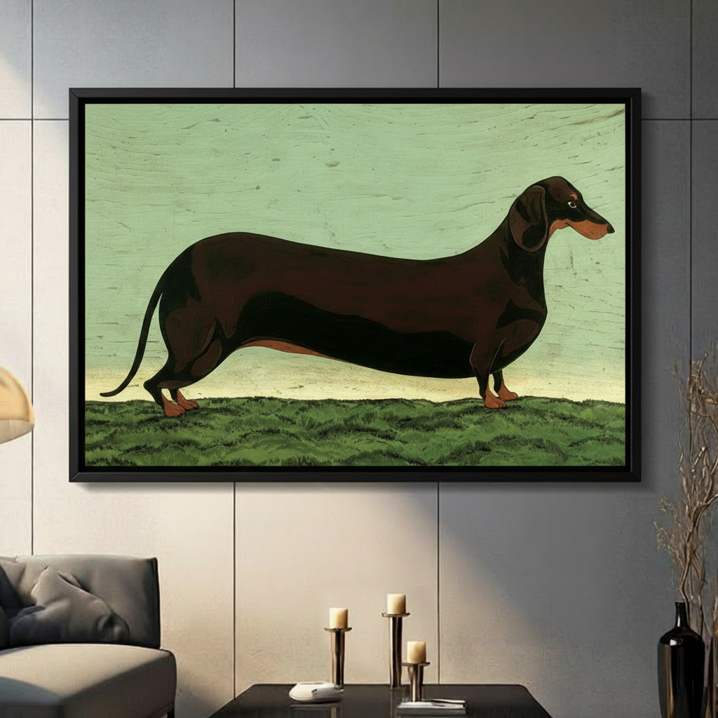 Vintage-style illustration of a black and tan dachshund standing on green grass in black float frame, displayed on gray paneled wall above candles — wiener dog wall art