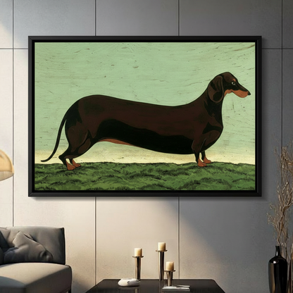 Vintage-style illustration of a black and tan dachshund standing on green grass in black float frame, displayed on gray paneled wall above candles — wiener dog wall art