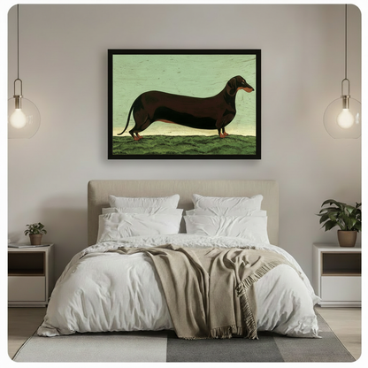 Black-framed vintage dachshund illustration hung above a neutral linen bed with globe pendant lights — sausage dog art print for bedroom wall decor