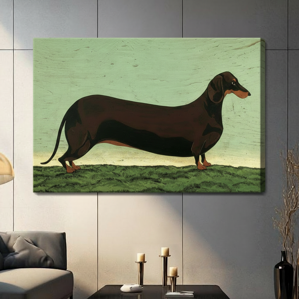 Frameless gallery-wrap canvas of a black and tan dachshund in vintage folk art style on sage green background, mounted on gray wall — sausage dog canvas print