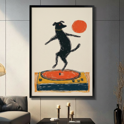 Black dog standing upright dancing on orange vinyl record player turntable crayon line illustration in black frame on dark grey panel wall – red sun cream background dog music canvas wall art for living room