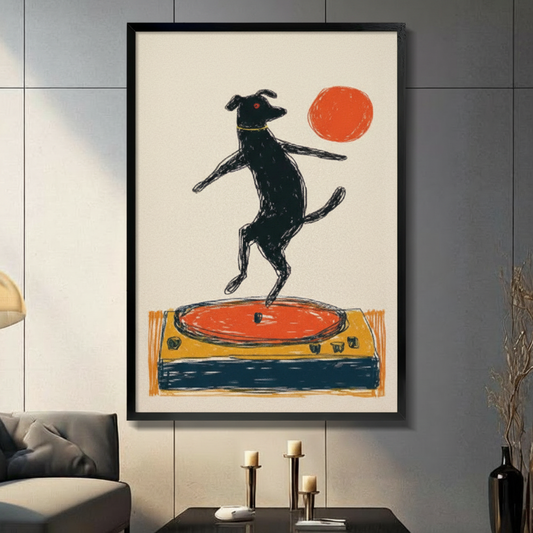 Black dog standing upright dancing on orange vinyl record player turntable crayon line illustration in black frame on dark grey panel wall – red sun cream background dog music canvas wall art for living room