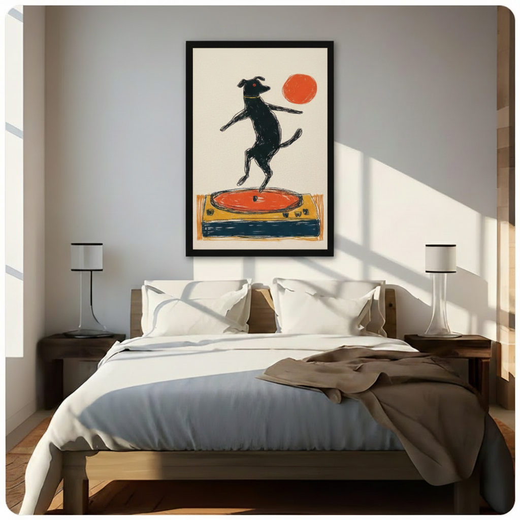 Framed black dog standing upright dancing on orange turntable crayon line illustration above wooden bed in sunlit bedroom – retro vinyl record player dog canvas wall art for bedroom decor