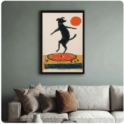 Framed black dog dancing on orange turntable crayon line illustration above cream textured sofa on sage blue-green wall – retro vinyl record player dog canvas wall art for living room decor
