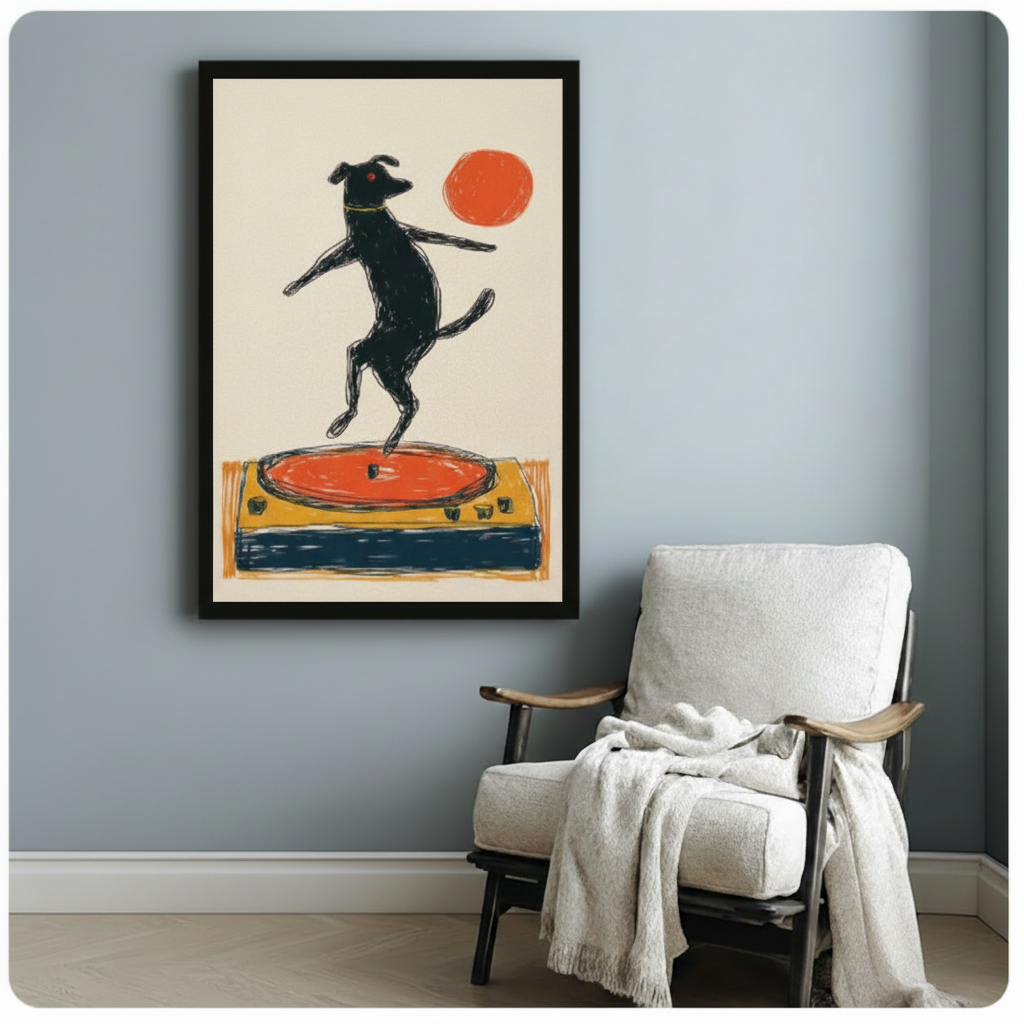 Black dog on orange vinyl record player turntable framed crayon illustration beside white linen armchair on pale blue wall – red sun retro music dog canvas art for reading corner